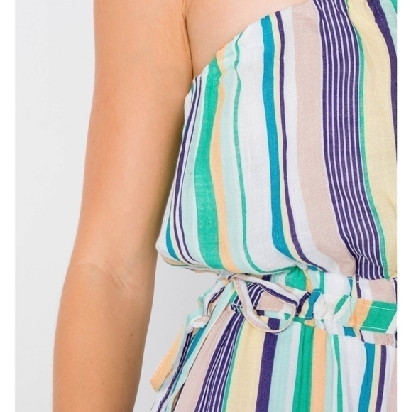 Anthropologie Le Lis Green Blue Striped Strapless Wide Leg Jumpsuit Pantsuit - Picture 4 of 16